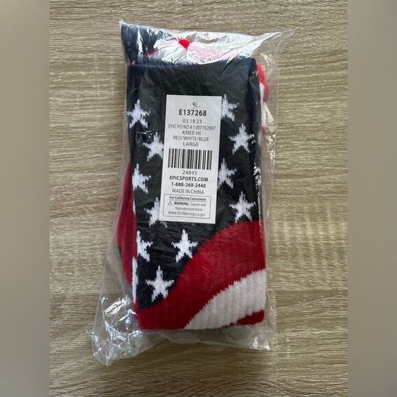 NWT … EPIC SPORTS “Size: L” Red … White & Blue Knee High Socks - Picture 5 of 6
